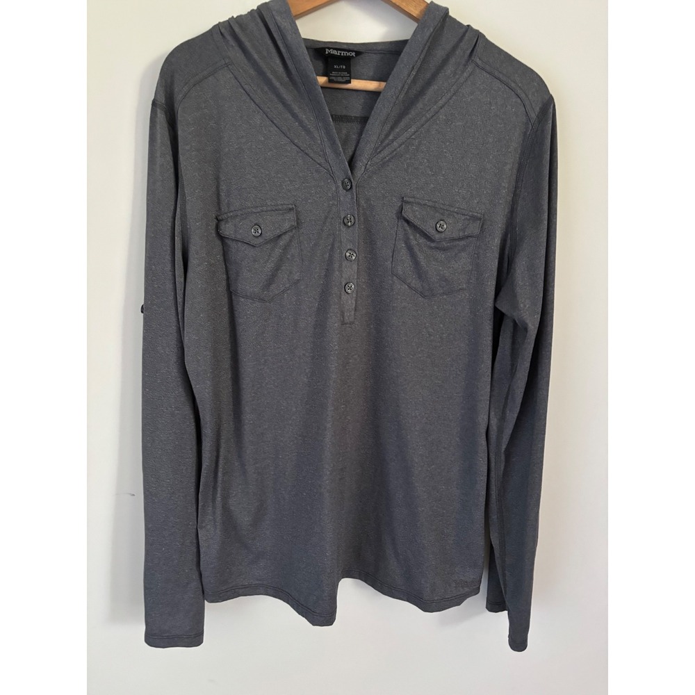 Marmot Womens XL Gray Heather Roll Tab Sleeve Henley Hoodie Top SCC-214